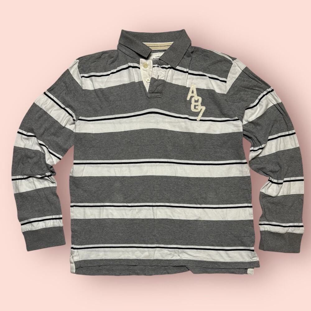 Aeropostale Aero Y2k Logo Rugby Striped Polo Shirt Men XL Gray White Long Sleeve